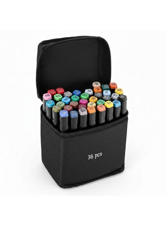Graphic Marker Set (36Colors) Multicolor Dual-Tipped Markers with Bag for Sketching, Calligraphy, and Design - Coloring Pen Set - Coloring and Drawing Ink for Kids and Adults - Perfect Coloring Pen Set for Artists and Hobbyists with Stylish Carrying Case Suitable for Art Gifts - Graffiti, Coloring, Outlining, Shading - Marker and Painting Projects with Bag - Image 1